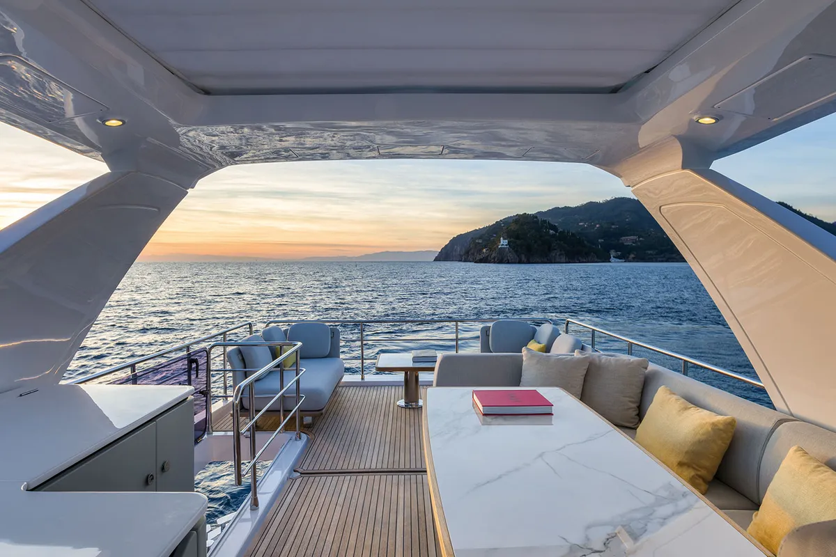 Deck of ALUMINIA, a Azimut 60 motorboat at Grad Kaštela, Croatia