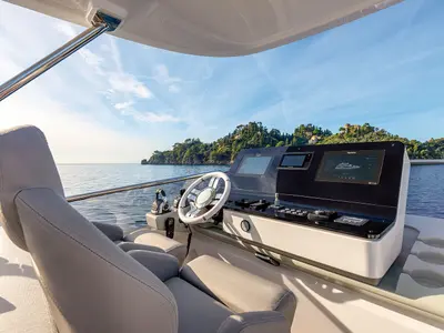 Cockpit of ALUMINIA, a Azimut 60 motorboat at Grad Kaštela, Croatia