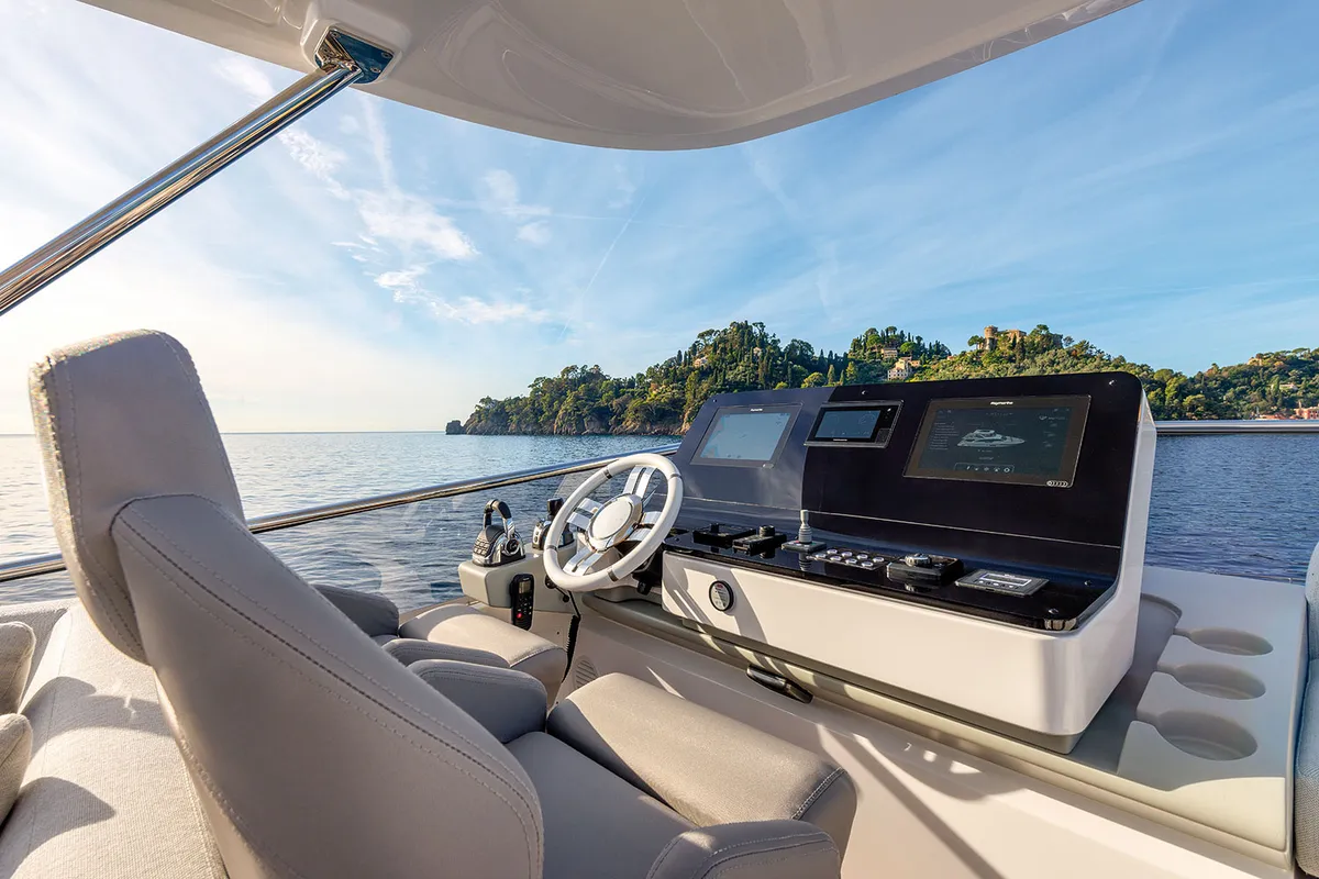 Cockpit of ALUMINIA, a Azimut 60 motorboat at Grad Kaštela, Croatia