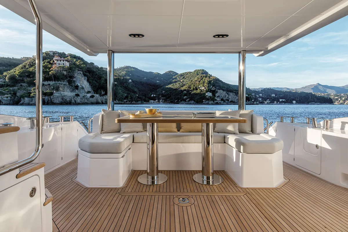 Deck of ALUMINIA, a Azimut 60 motorboat at Grad Kaštela, Croatia