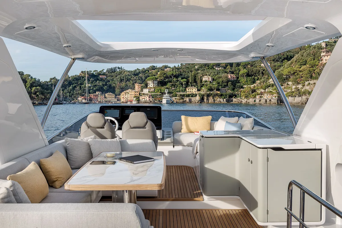 Deck of ALUMINIA, a Azimut 60 motorboat at Grad Kaštela, Croatia
