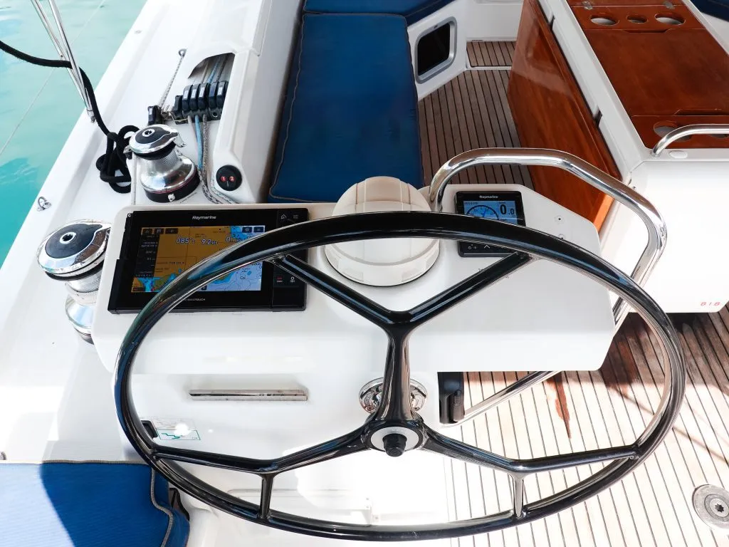 Cockpit of Paradise Found, a Jeanneau 54 sailboat at Ribishi, Saint Vincent and the Grenadines