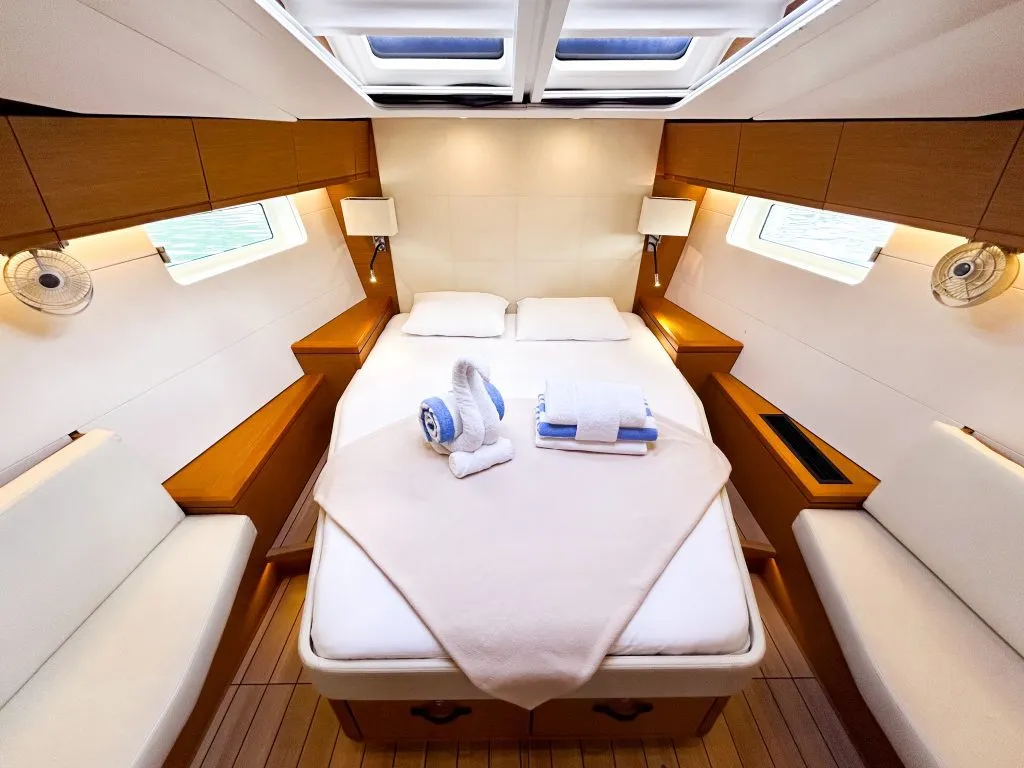 Cabin on Paradise Found, a Jeanneau 54 sailboat at Ribishi, Saint Vincent and the Grenadines