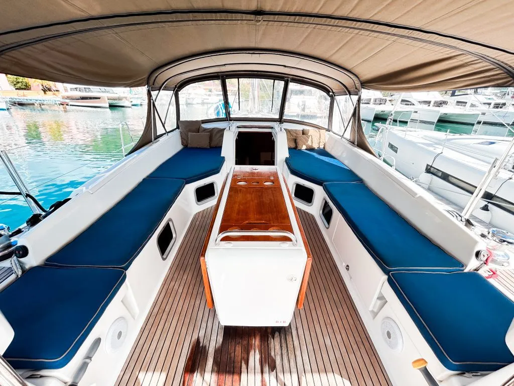 Cockpit of Paradise Found, a Jeanneau 54 sailboat at Ribishi, Saint Vincent and the Grenadines