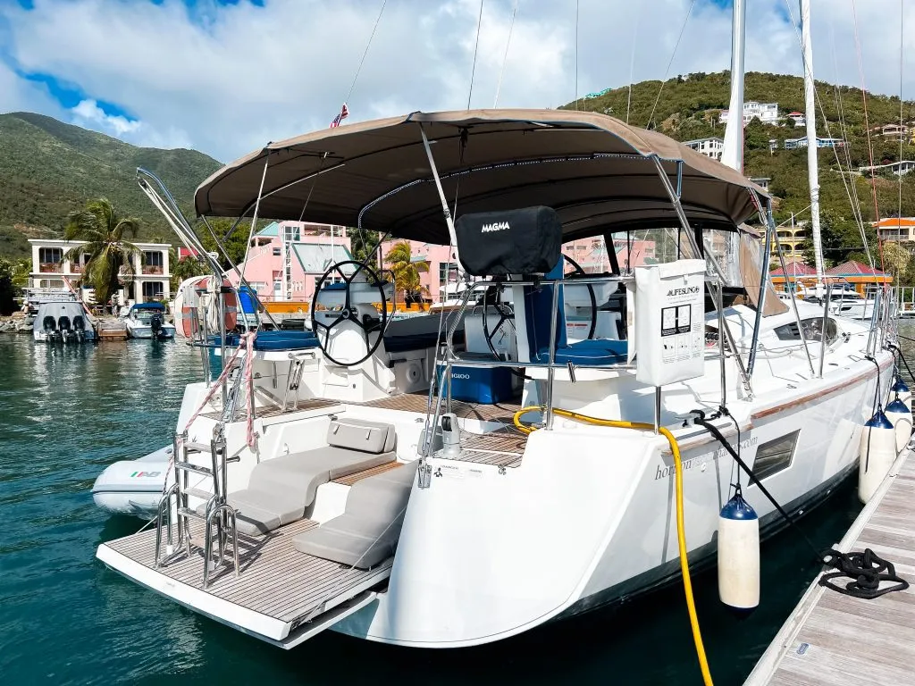 Exterior view of Paradise Found, a Jeanneau 54 sailboat at Ribishi, Saint Vincent and the Grenadines