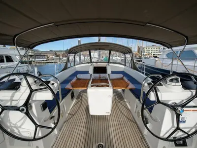 Cockpit of Paradise Found, a Jeanneau 54 sailboat at Ribishi, Saint Vincent and the Grenadines