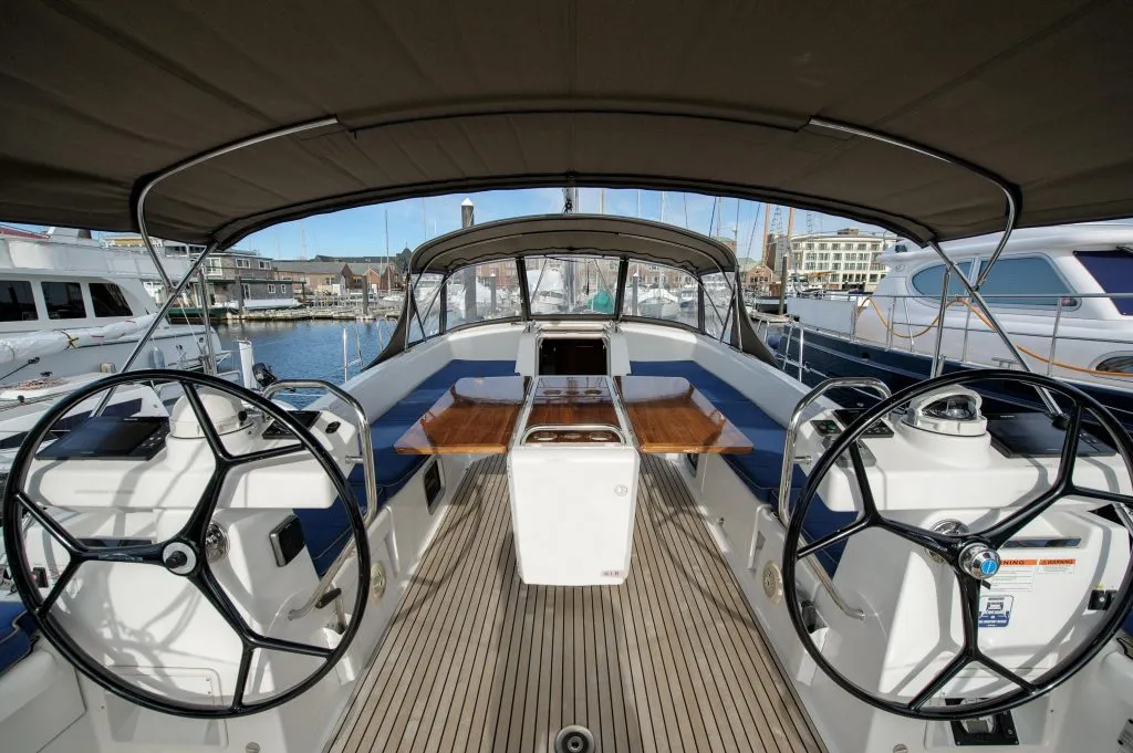 Cockpit of Paradise Found, a Jeanneau 54 sailboat at Ribishi, Saint Vincent and the Grenadines