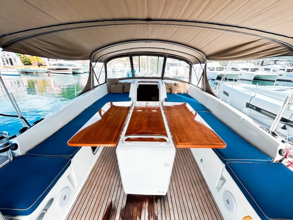 Deck of Paradise Found, a Jeanneau 54 sailboat at Ribishi, Saint Vincent and the Grenadines
