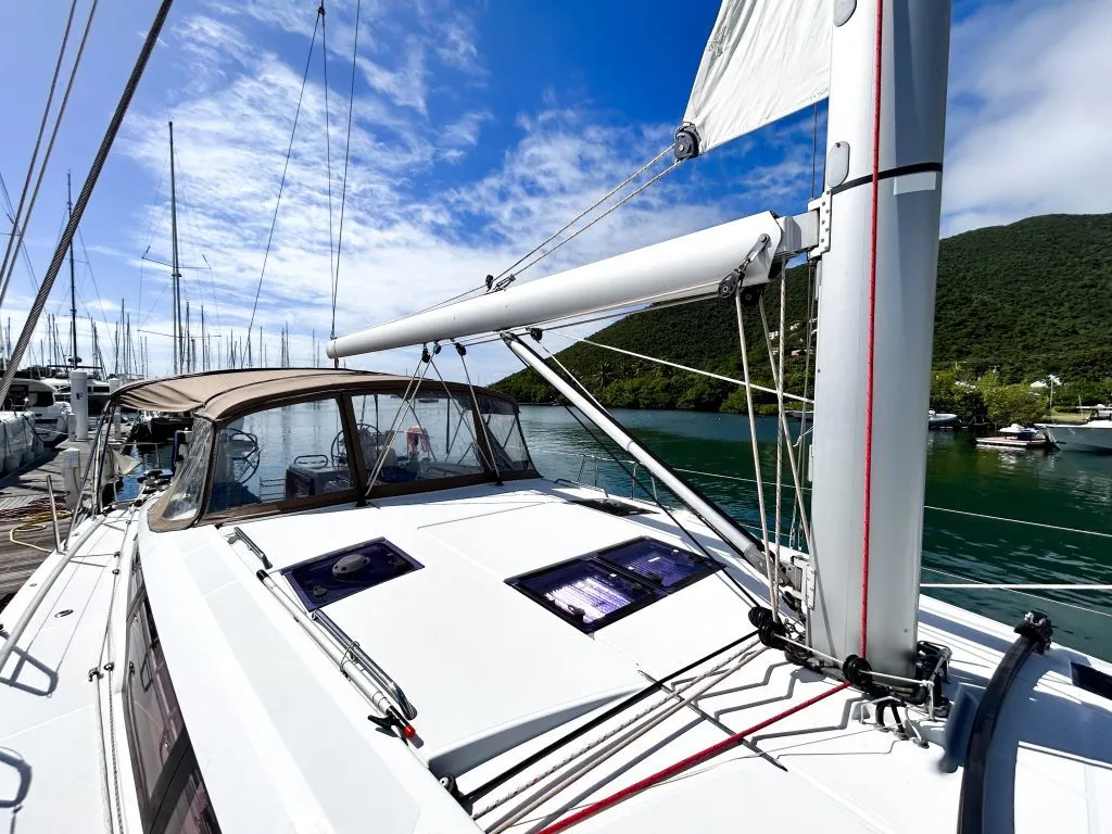 Deck of Paradise Found, a Jeanneau 54 sailboat at Ribishi, Saint Vincent and the Grenadines