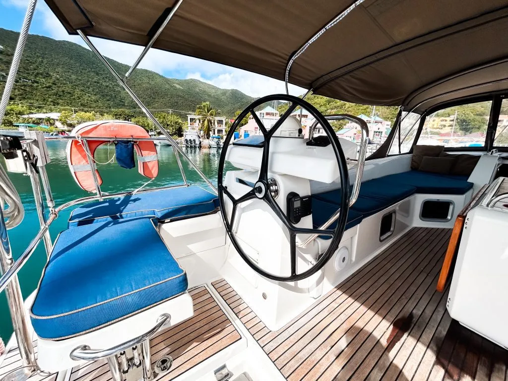 Cockpit of Paradise Found, a Jeanneau 54 sailboat at Ribishi, Saint Vincent and the Grenadines