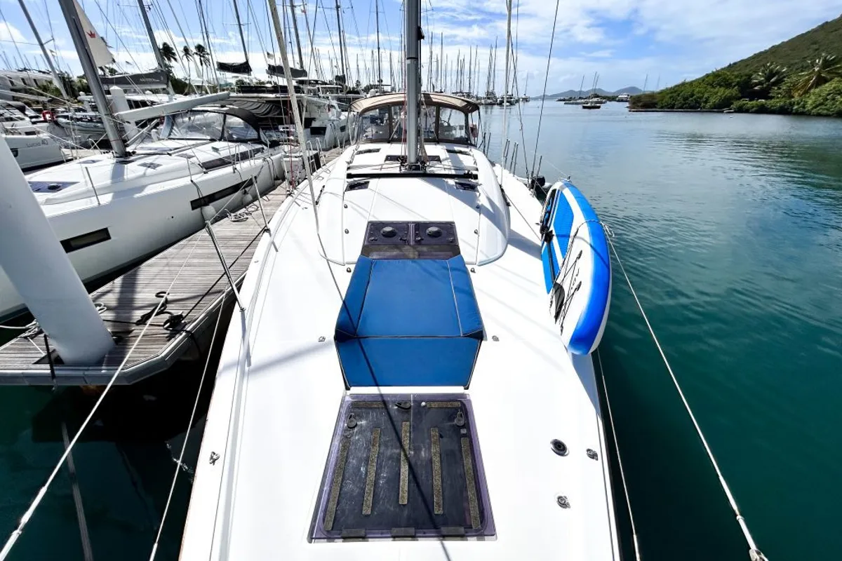 Deck of Paradise Found, a Jeanneau 54 sailboat at Ribishi, Saint Vincent and the Grenadines