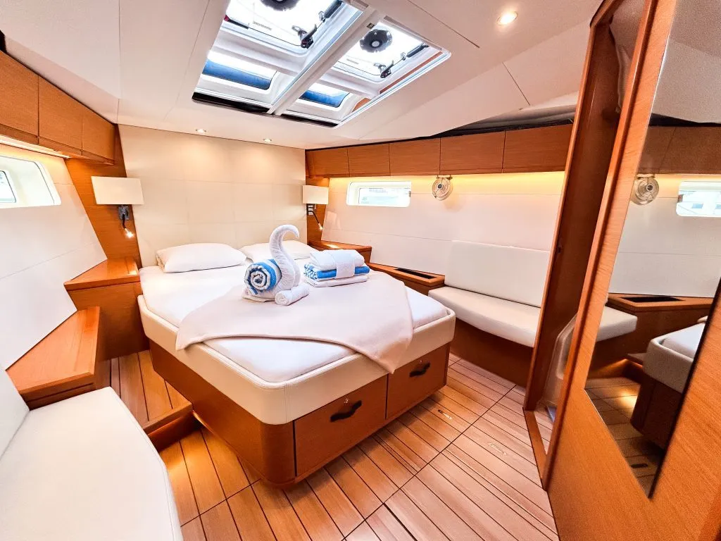 Cabin on Paradise Found, a Jeanneau 54 sailboat at Ribishi, Saint Vincent and the Grenadines
