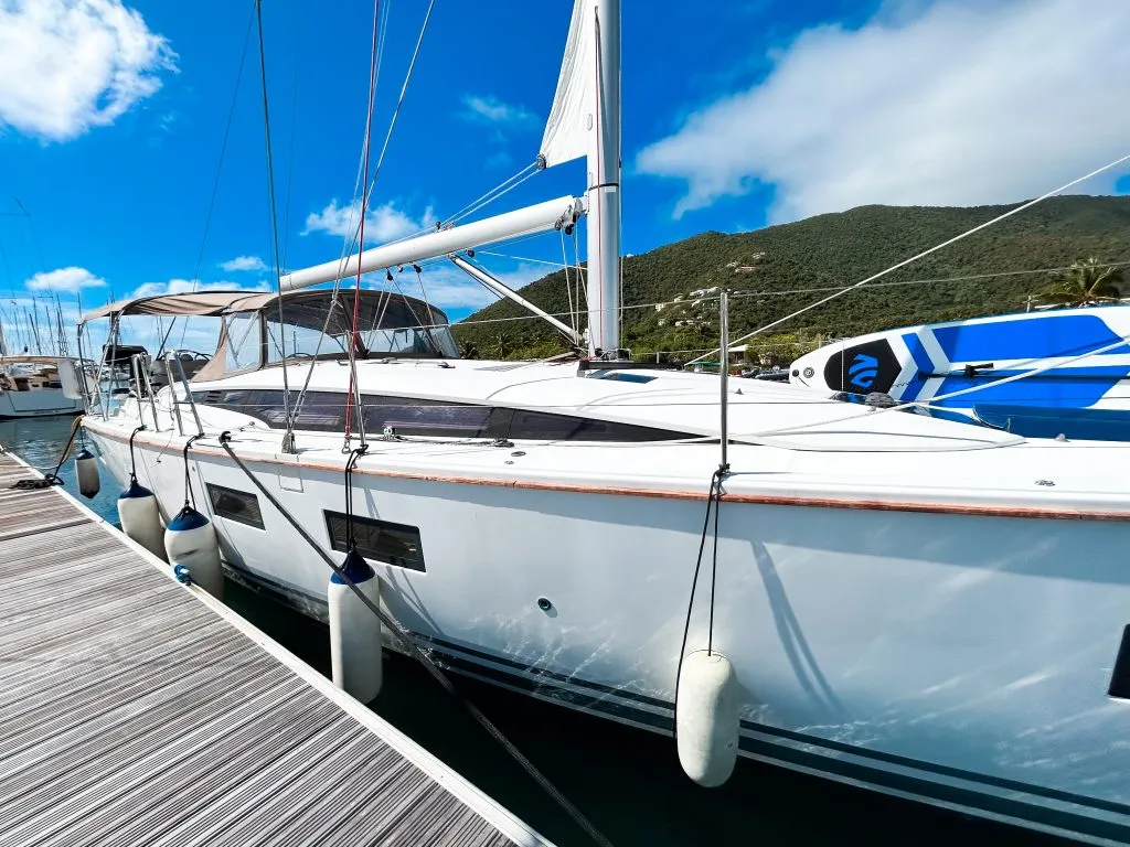 Deck of Paradise Found, a Jeanneau 54 sailboat at Ribishi, Saint Vincent and the Grenadines