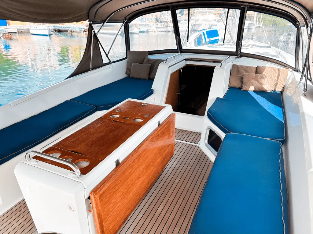 Deck of Paradise Found, a Jeanneau 54 sailboat at Ribishi, Saint Vincent and the Grenadines