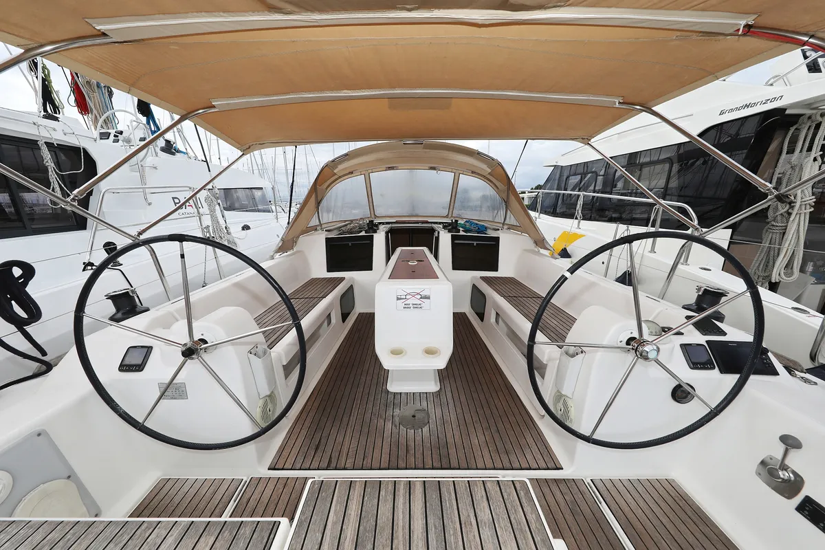 Cockpit of Family Office, a Dufour 412 GL sailboat at Općina Sukošan, Croatia