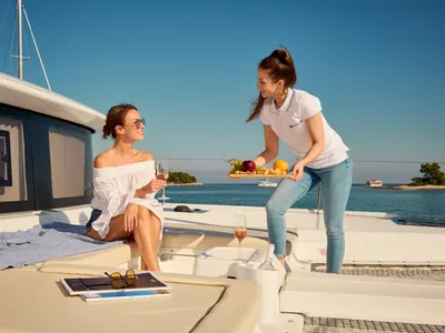 Deck of LUNA, a Lagoon 46 catamaran at Trogir, Croatia