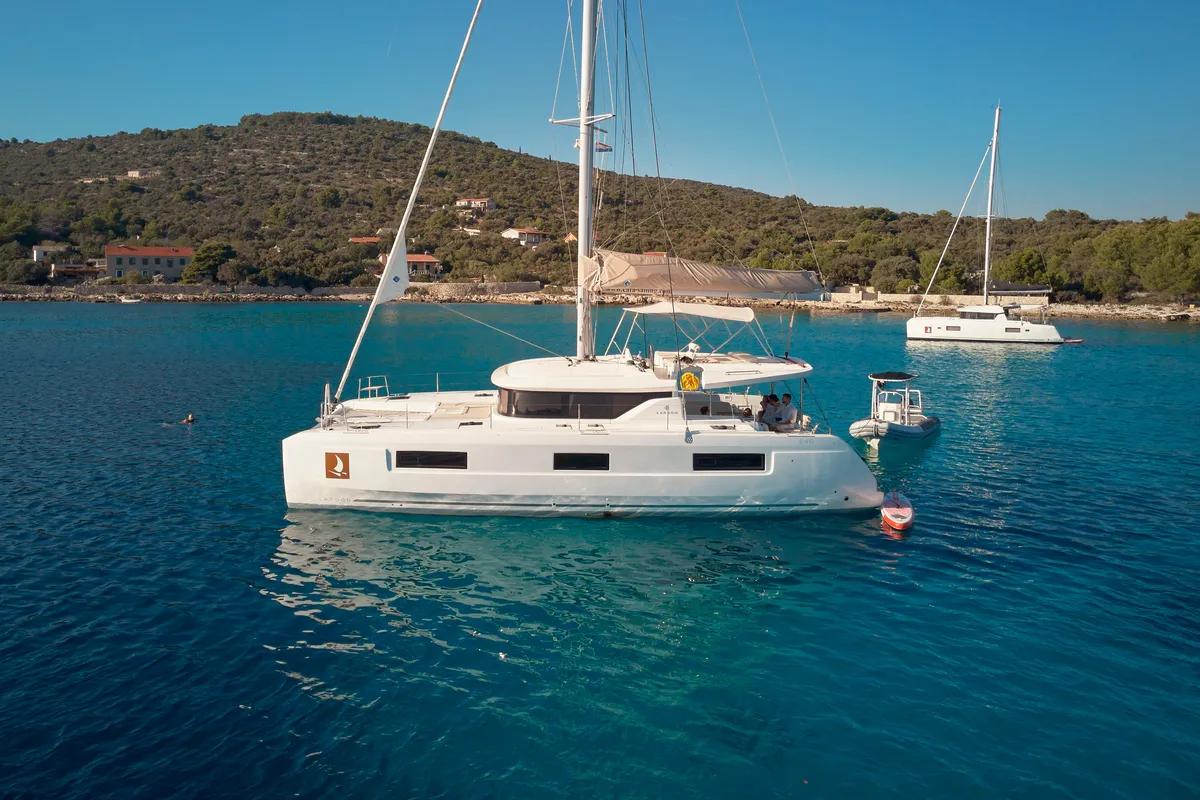 Exterior view of LUNA, a Lagoon 46 catamaran at Trogir, Croatia