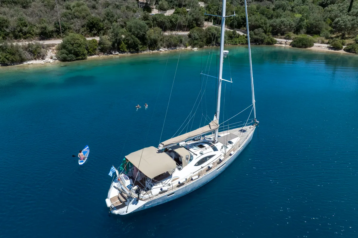 Exterior view of Honey Ryder, a Jeanneau 54 sailboat at Athens, Greece