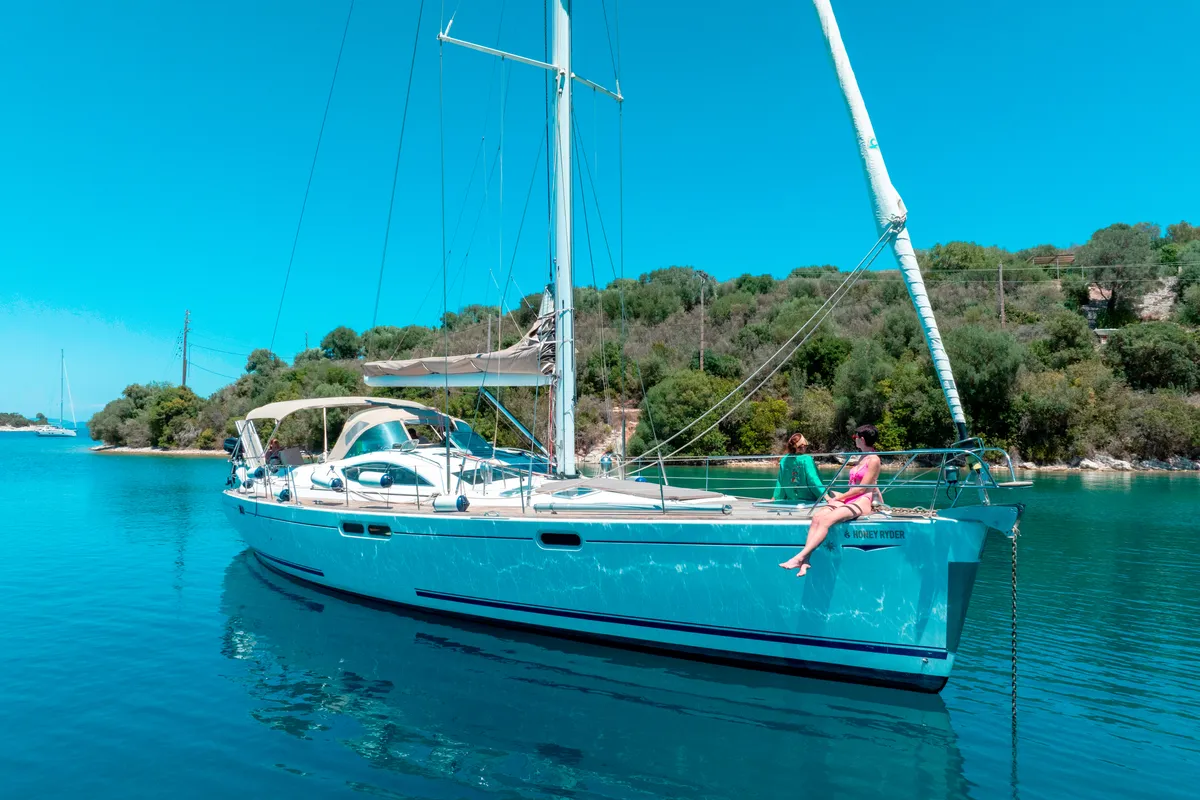 Exterior view of Honey Ryder, a Jeanneau 54 sailboat at Athens, Greece