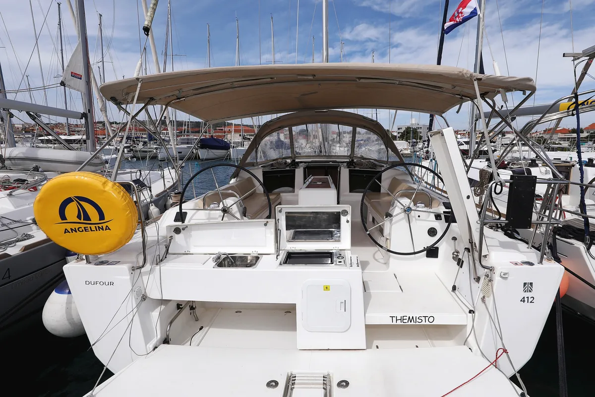 Exterior view of Themisto, a Dufour 412 GL sailboat at Biograd na Moru, Croatia