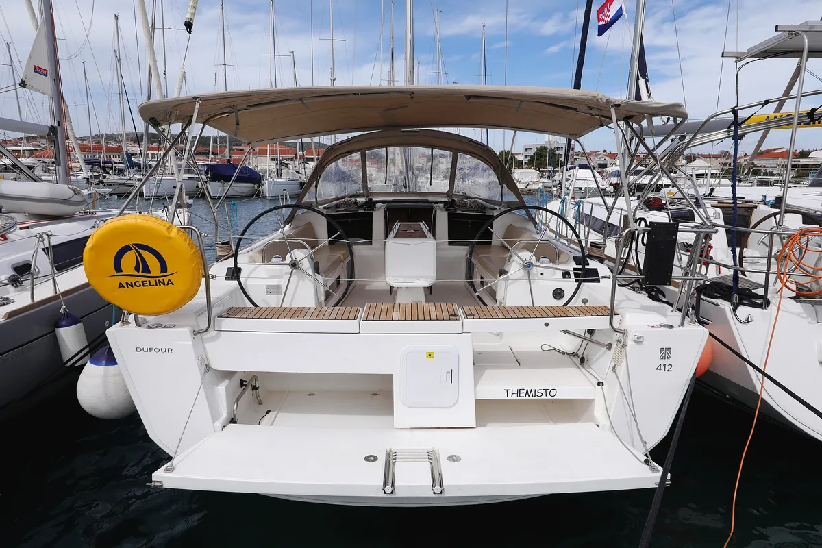Exterior view of Themisto, a Dufour 412 GL sailboat at Biograd na Moru, Croatia