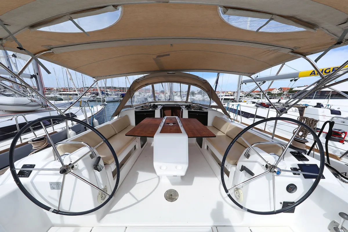 Cockpit of Themisto, a Dufour 412 GL sailboat at Biograd na Moru, Croatia