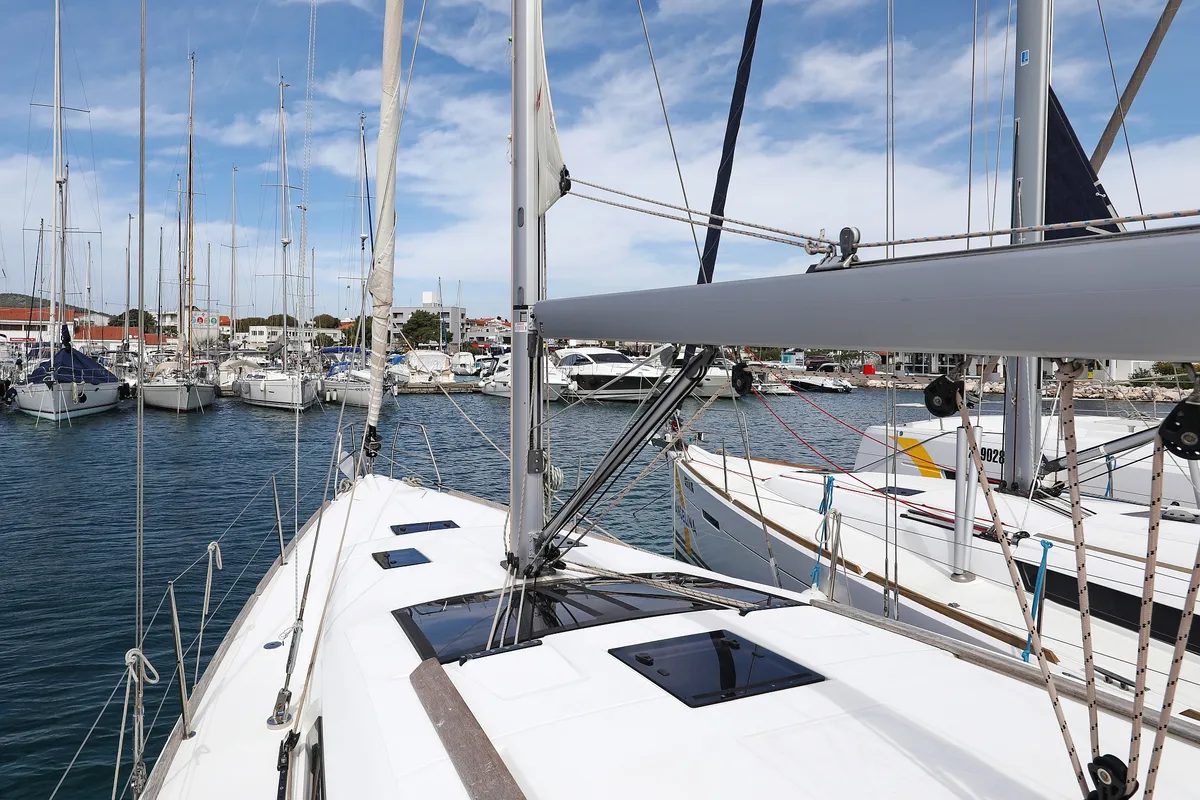 Exterior view of Themisto, a Dufour 412 GL sailboat at Biograd na Moru, Croatia