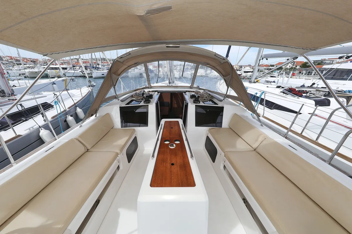 Deck of Themisto, a Dufour 412 GL sailboat at Biograd na Moru, Croatia