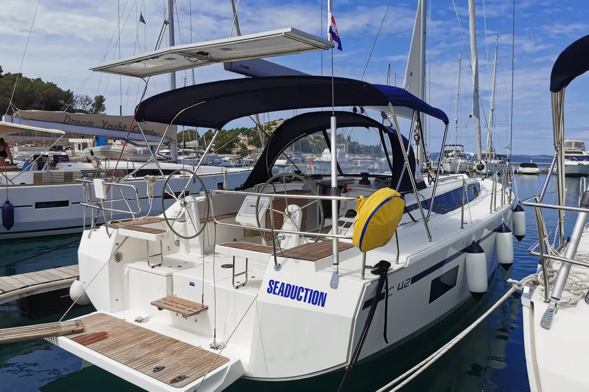 Exterior view of Seaduction, a Bavaria C42 sailboat at Općina Pakoštane, Croatia