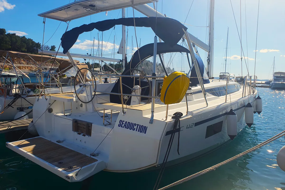 Exterior view of Seaduction, a Bavaria C42 sailboat at Općina Pakoštane, Croatia