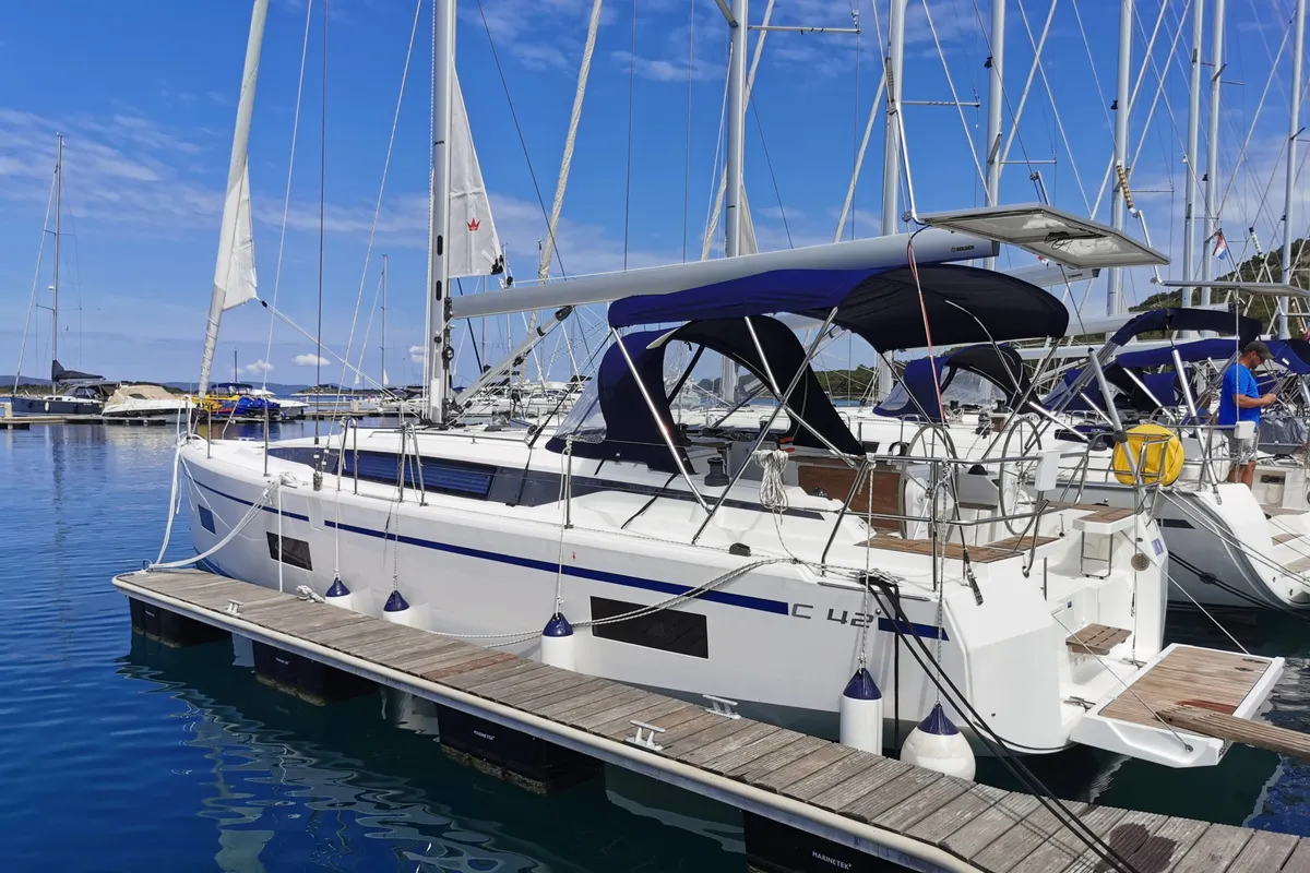 Exterior view of Seaduction, a Bavaria C42 sailboat at Općina Pakoštane, Croatia