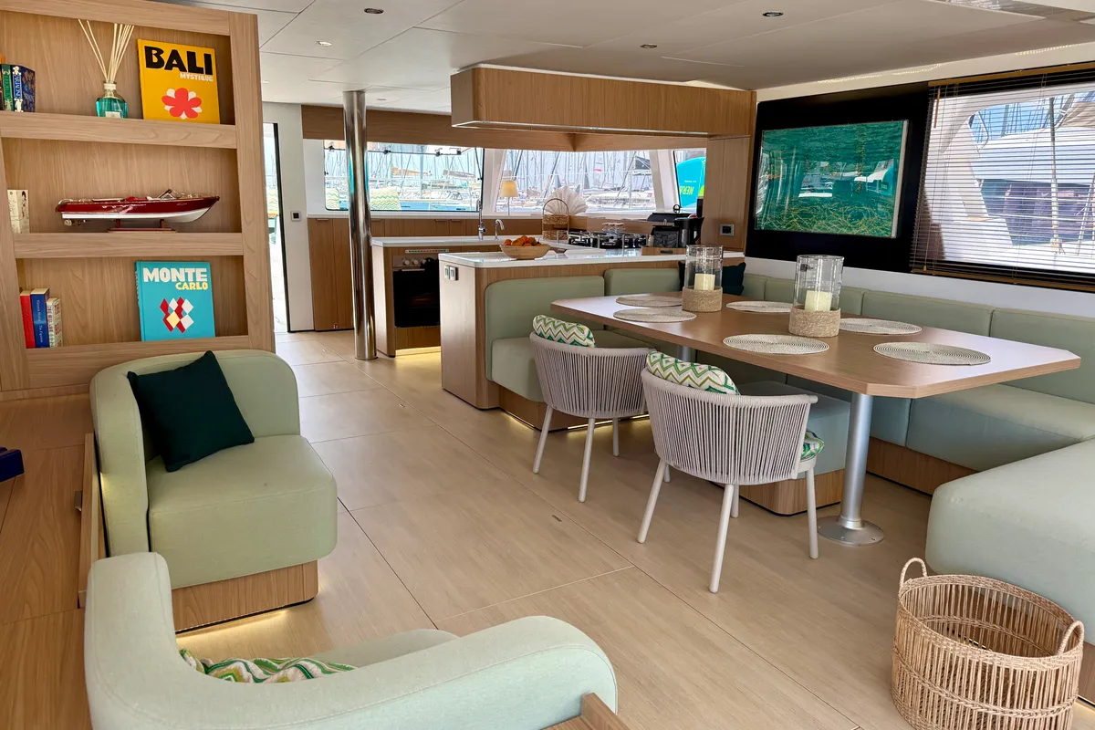 Salon of Romar V, a Bali 5.8 catamaran at Athens, Greece