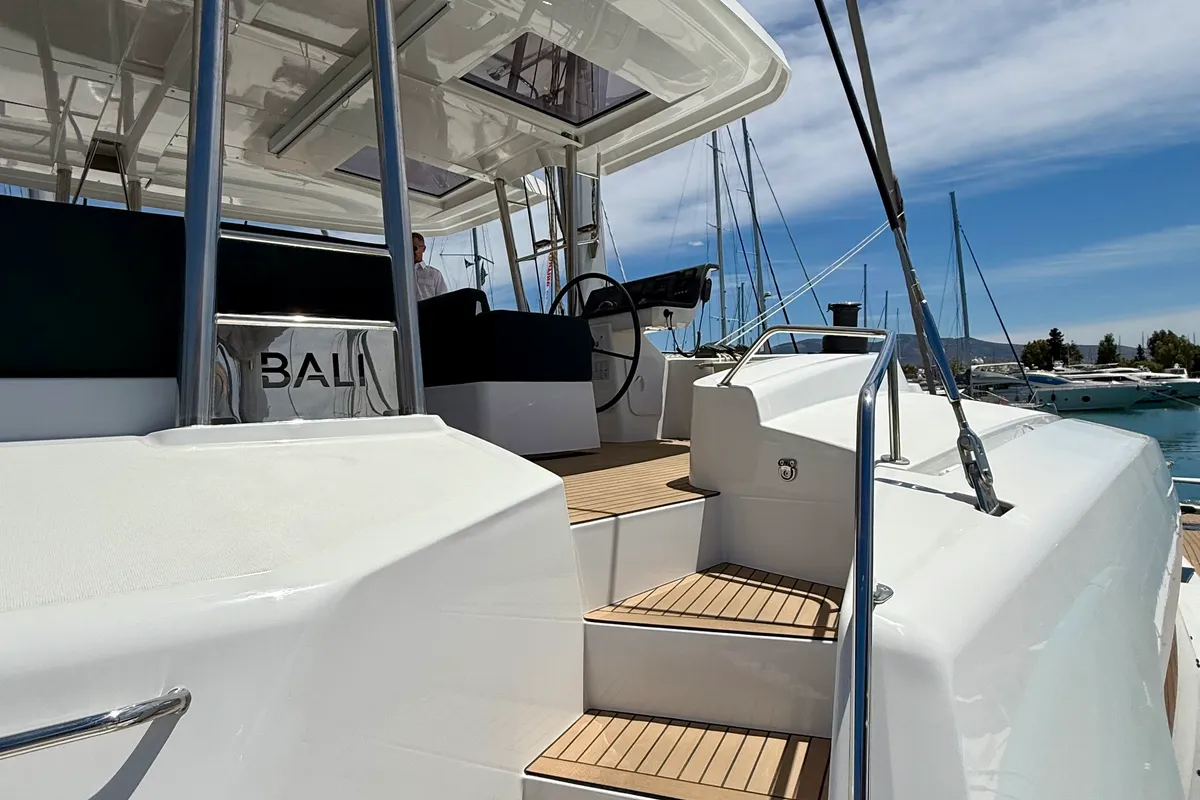 Cockpit of Romar V, a Bali 5.8 catamaran at Athens, Greece