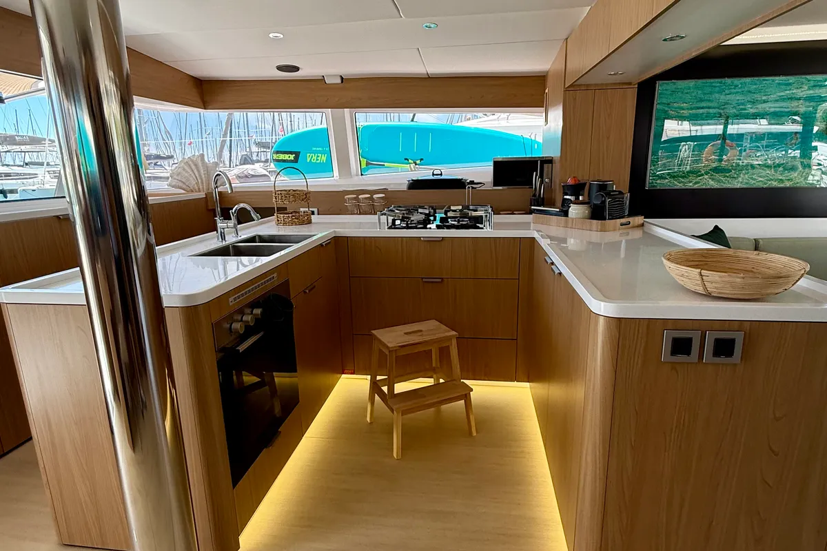 Galley of Romar V, a Bali 5.8 catamaran at Athens, Greece