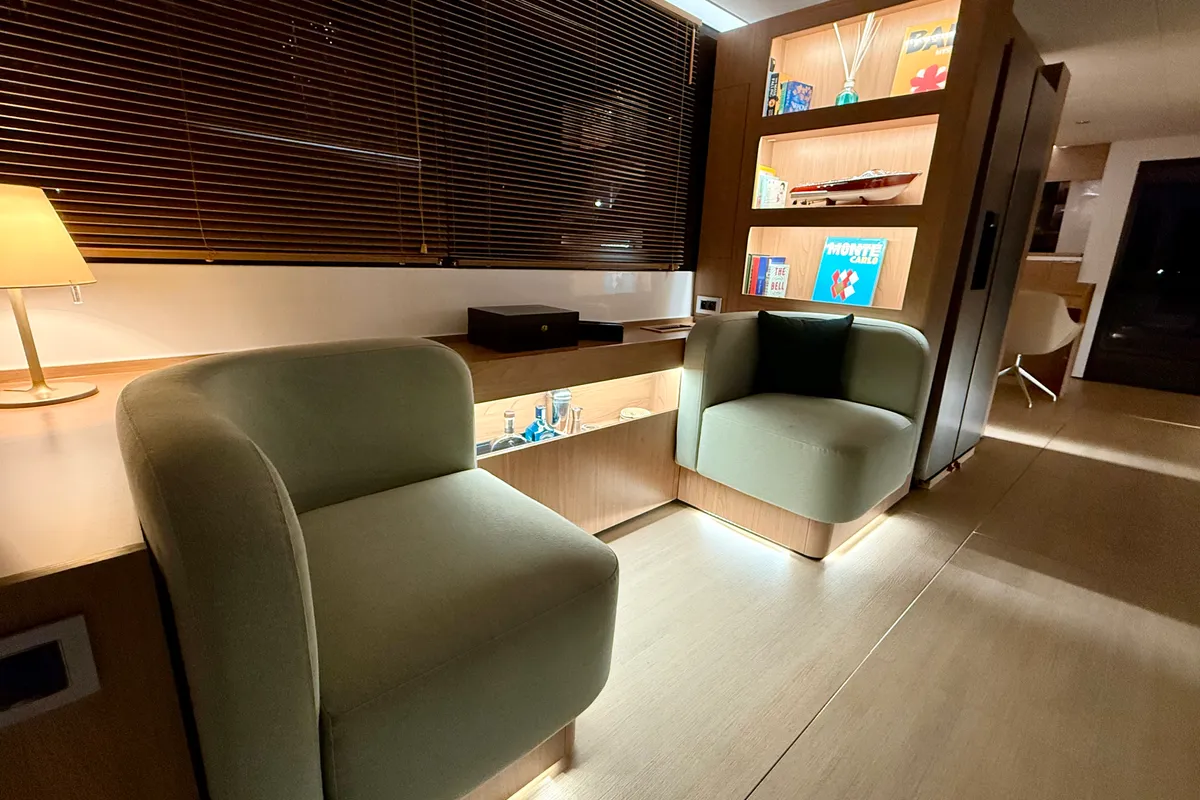 Salon of Romar V, a Bali 5.8 catamaran at Athens, Greece