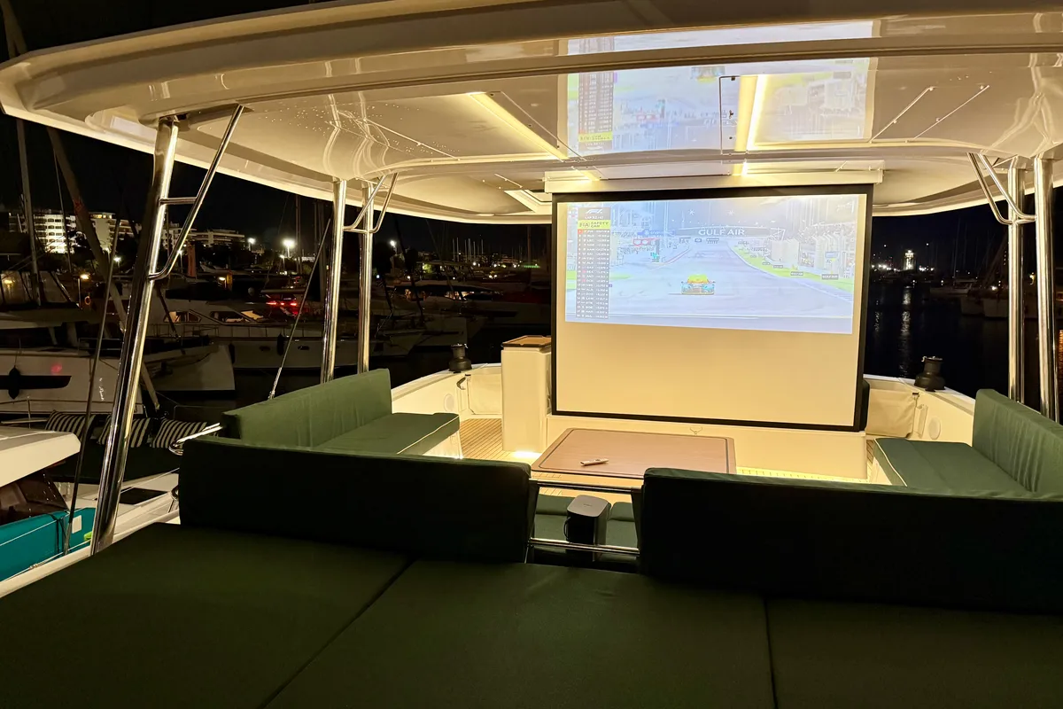 Deck of Romar V, a Bali 5.8 catamaran at Athens, Greece