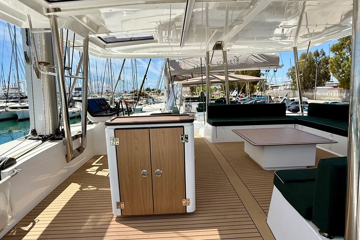 Deck of Romar V, a Bali 5.8 catamaran at Athens, Greece