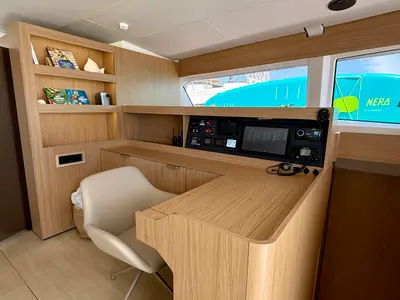 Cockpit of Romar V, a Bali 5.8 catamaran at Athens, Greece