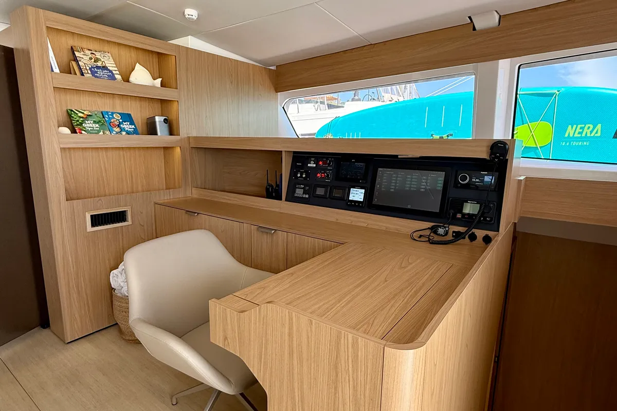 Cockpit of Romar V, a Bali 5.8 catamaran at Athens, Greece