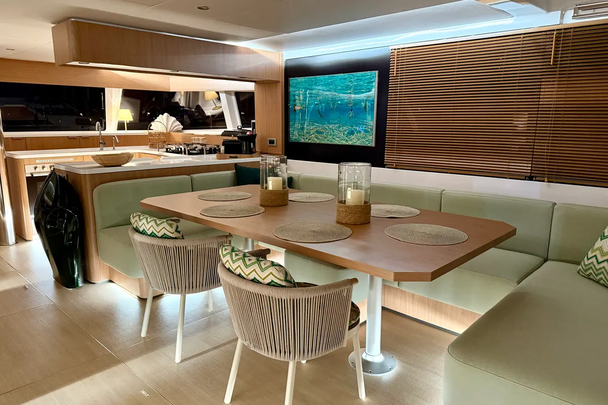 Salon of Romar V, a Bali 5.8 catamaran at Athens, Greece