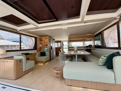 Salon of Romar V, a Bali 5.8 catamaran at Athens, Greece