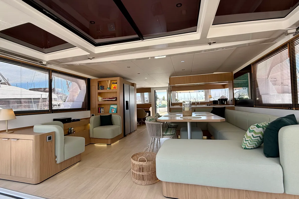 Salon of Romar V, a Bali 5.8 catamaran at Athens, Greece