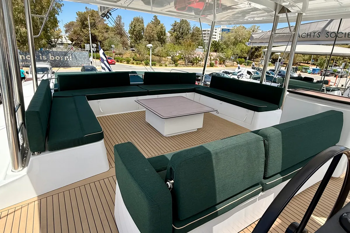 Deck of Romar V, a Bali 5.8 catamaran at Athens, Greece