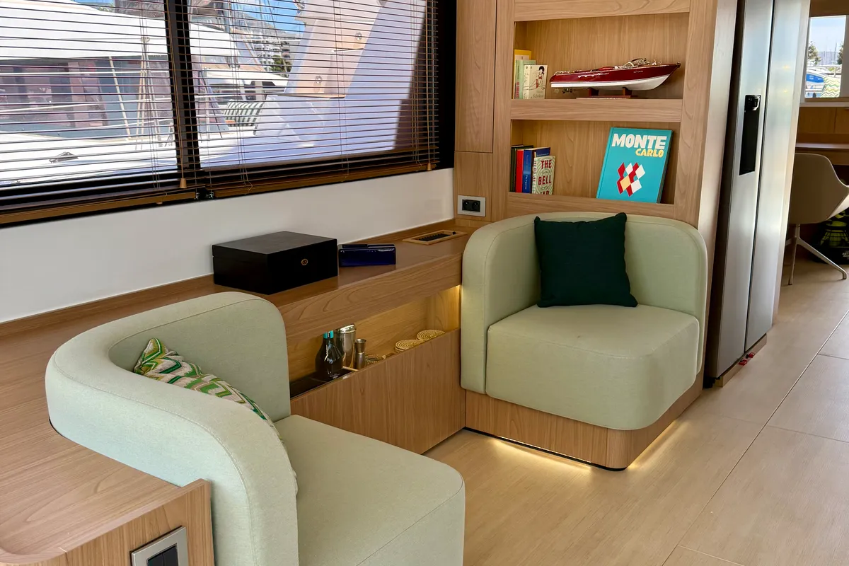 Salon of Romar V, a Bali 5.8 catamaran at Athens, Greece
