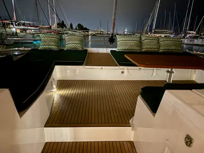 Deck of Romar V, a Bali 5.8 catamaran at Athens, Greece