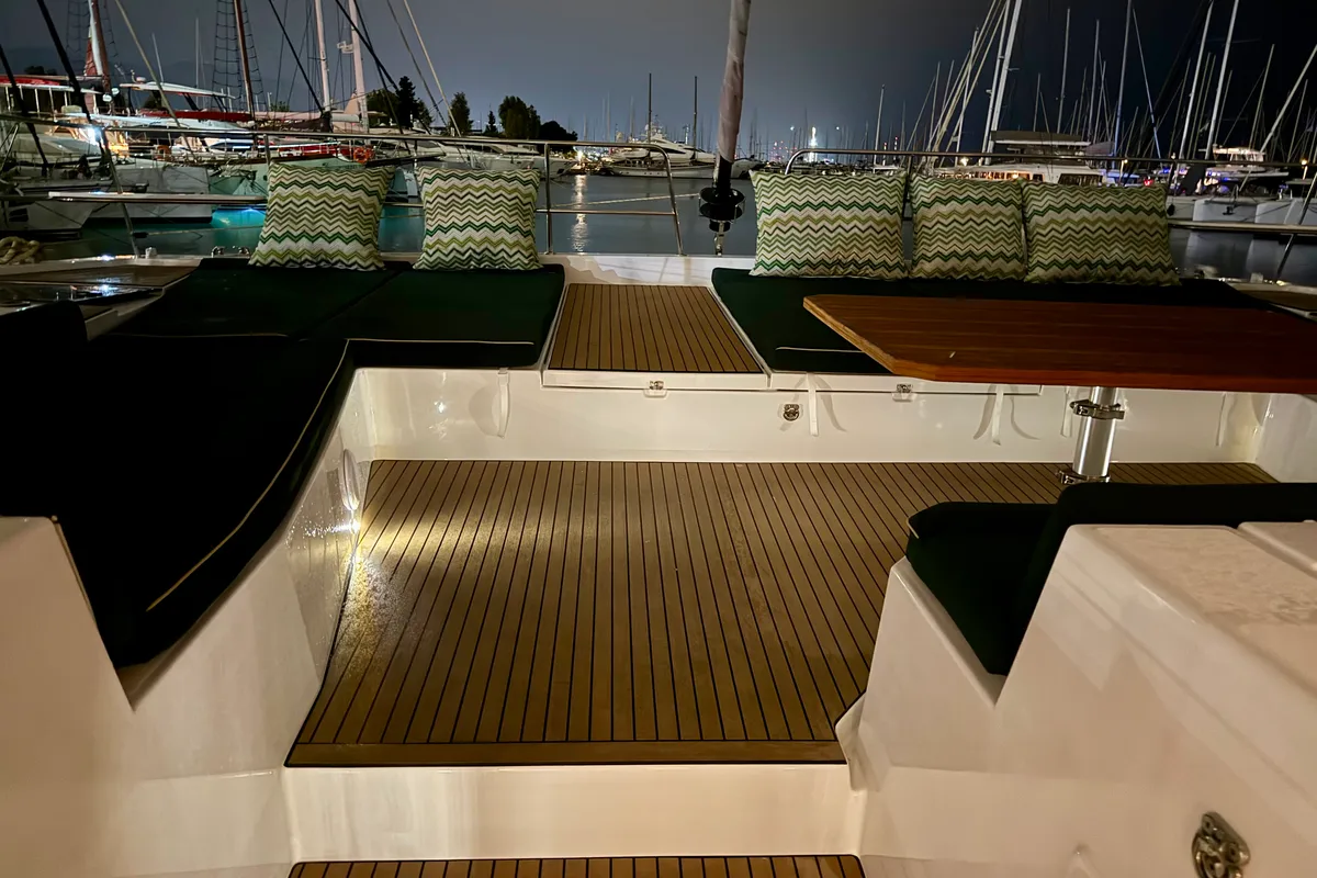 Deck of Romar V, a Bali 5.8 catamaran at Athens, Greece