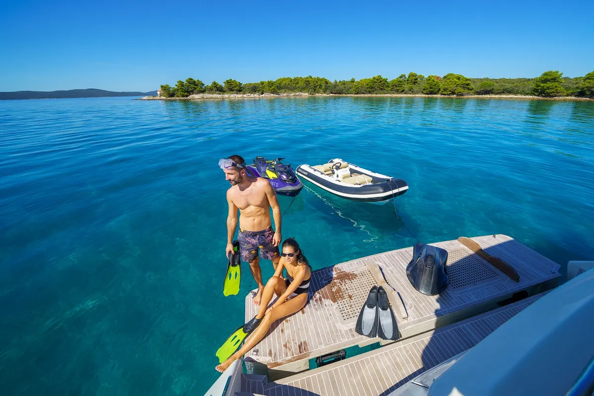 Deck of Dalia, a Dominator 780S Deluxe motor yacht at Općina Sukošan, Croatia