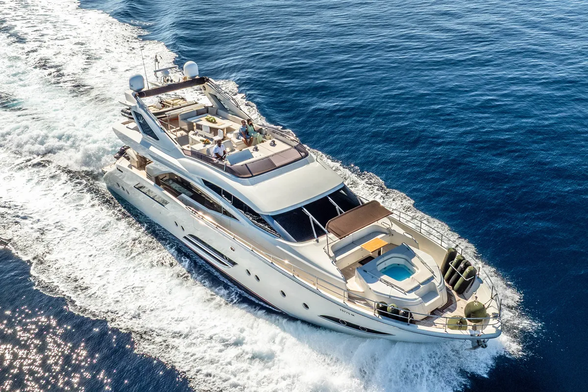 Exterior view of Dalia, a Dominator 780S Deluxe motor yacht at Općina Sukošan, Croatia