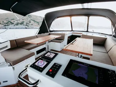 Cockpit of Elli, a Bavaria C57 sailboat at Athens, Greece