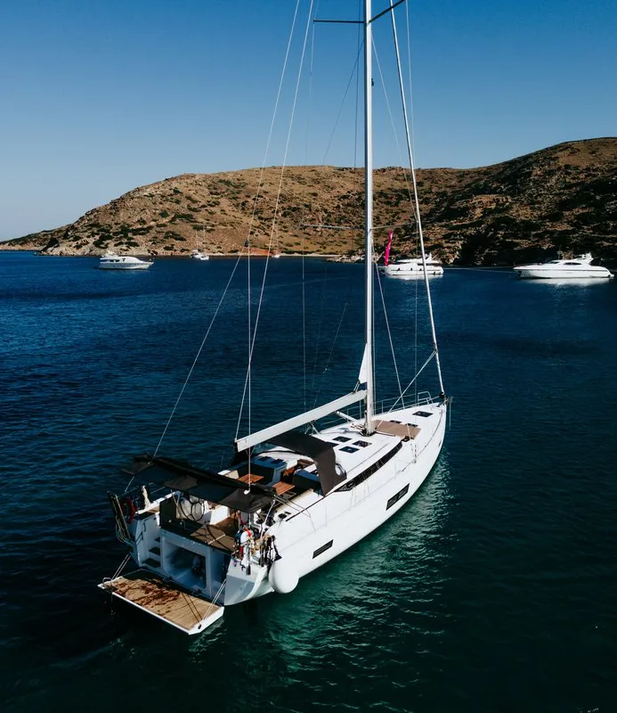Exterior view of Elli, a Bavaria C57 sailboat at Athens, Greece